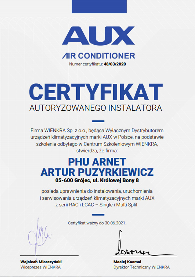 Certyfikat autoryzacyjny na montaż i serwis urządzeń AUX