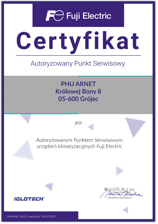 Certyfikat autoryzacyjny na montaż i serwis urządzeń Fuji Electric