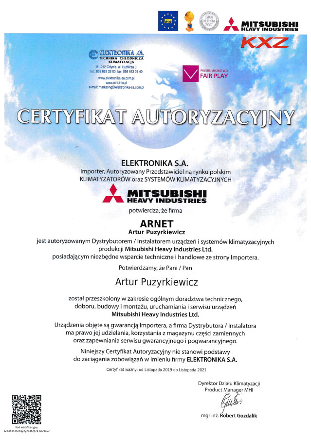 Certyfikat na montaż klimatyzacji firmy Mitsubishi Heavy Industries