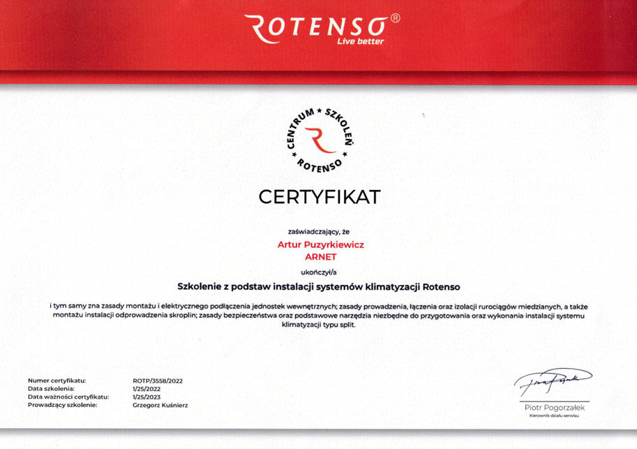 Certyfikat wydany przez Generalnego Dystrybutora marki Rotenso w Polsce