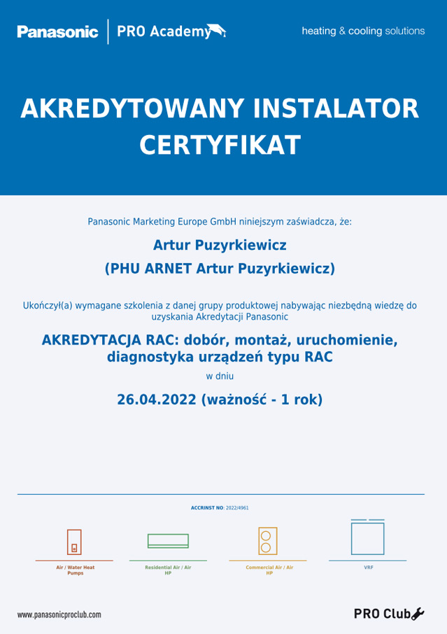 Certyfikat akredytowanego instalatora klimatyzatorów marki Panasonic
